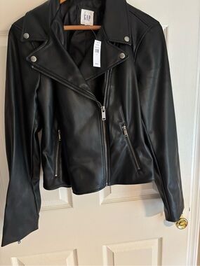 GAP Black Faux Leather Moto Jacket with Silver Hardware